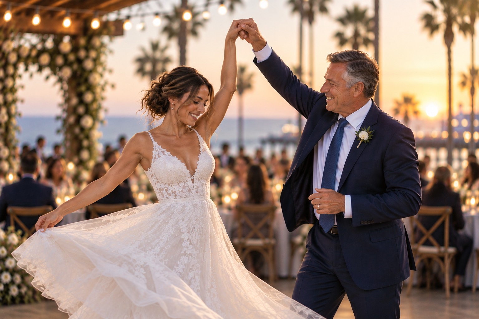 A father dancing with his daughter at her seaside wedding reception at sunset