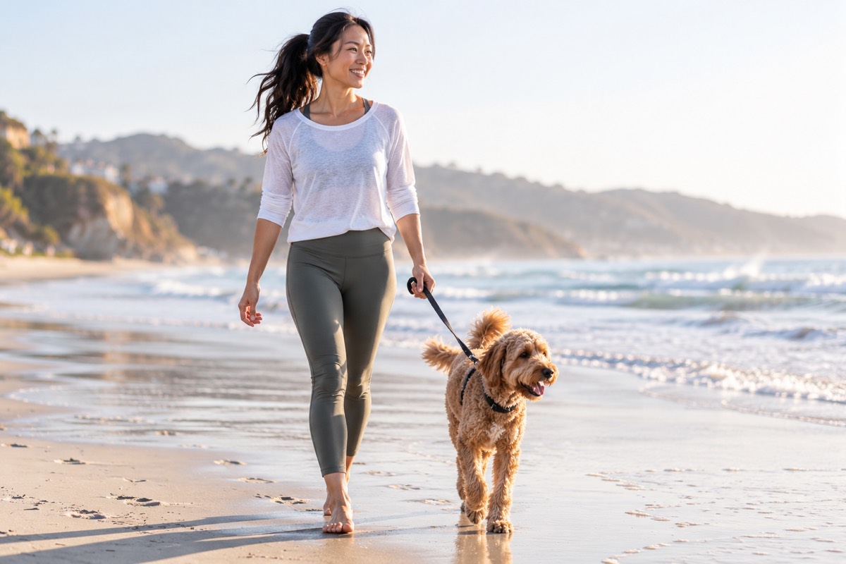 A woman walking her dog along the shoreline on a calm morning