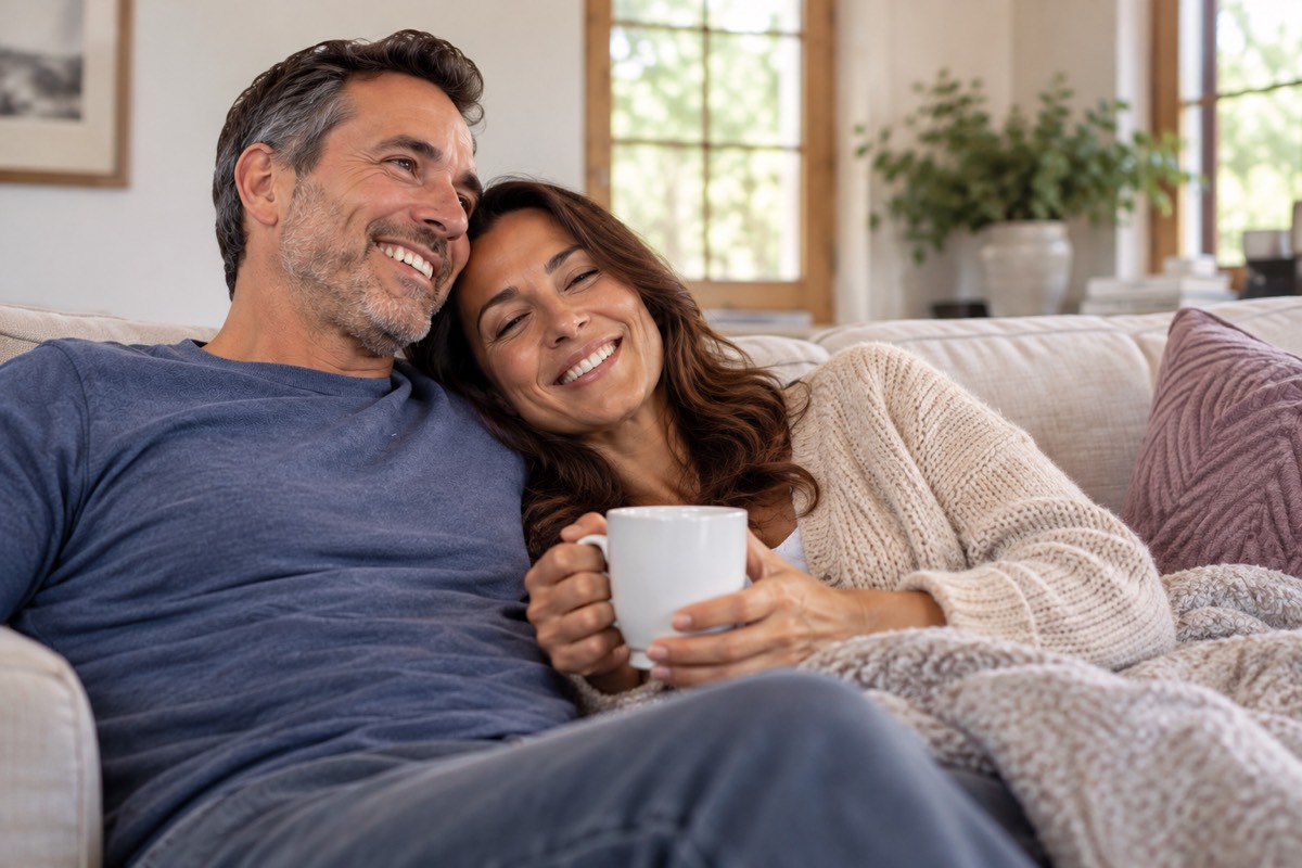 A couple sitting close together on the couch with a cup of coffee