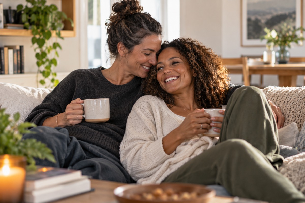 A couple relaxing together with coffee on the couch at home