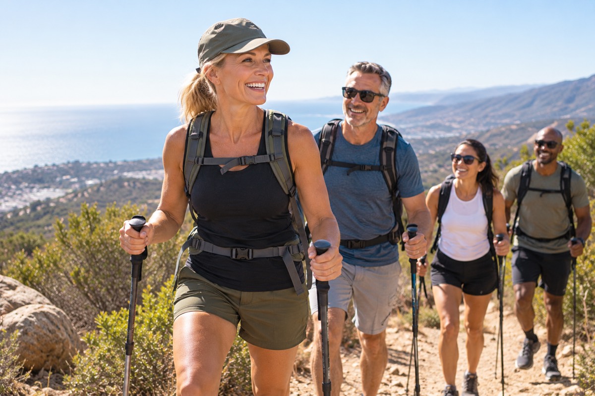 Two men and two women hiking a coastal trail together on a clear day