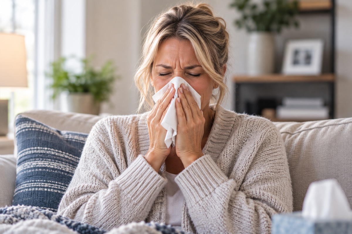 A woman sneezing into a tissue at home — one of the most common moments people leak