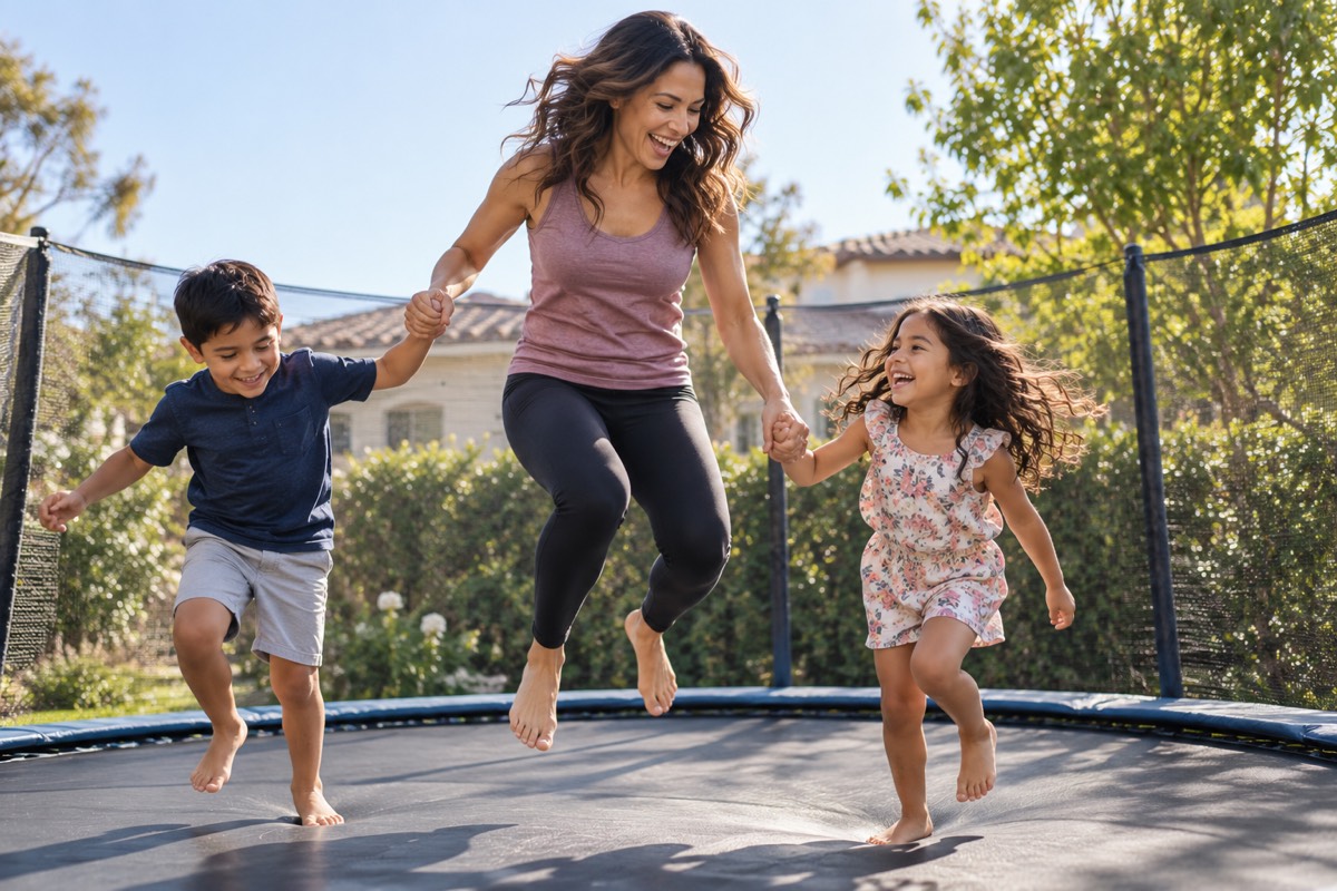 A mother jumping on a backyard trampoline with her son and daughter